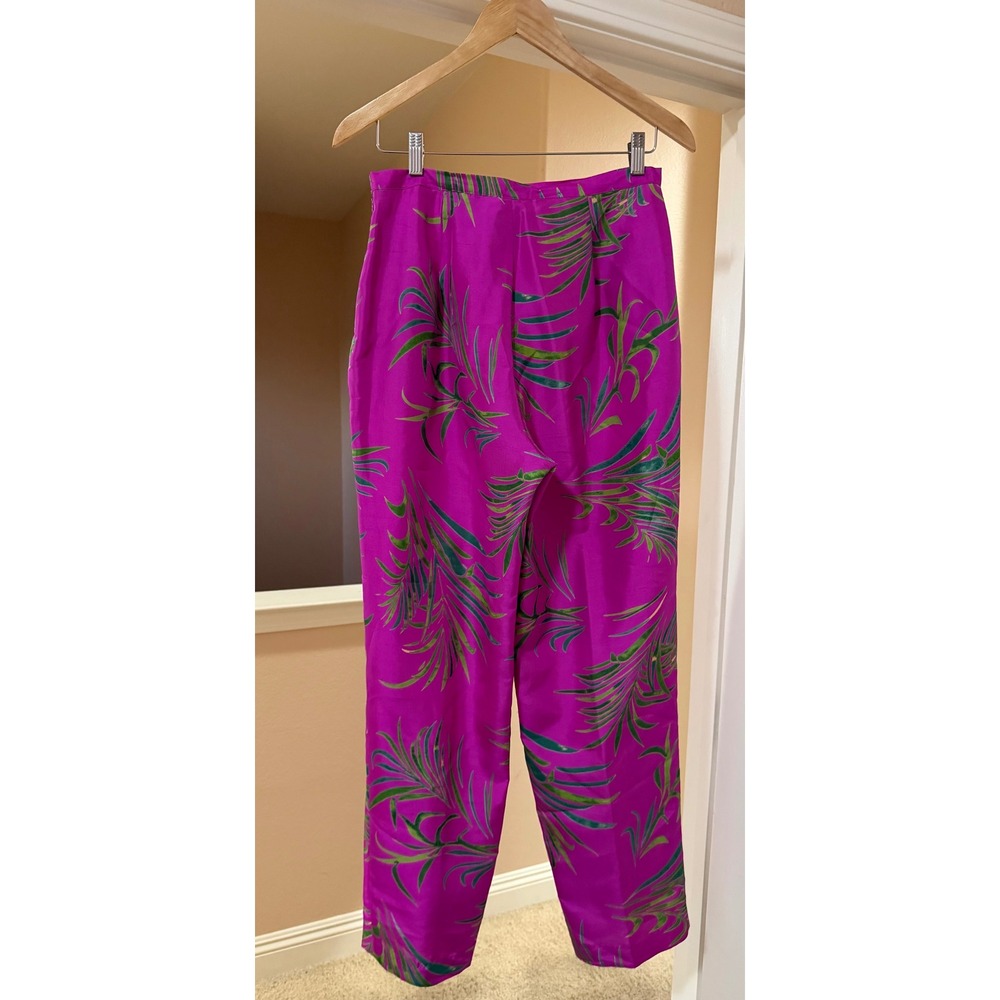 Vintage Womens Y2K Patchington 100%Silk Tropical Palm Print Pants Pink Coastal 8 - Picture 5 of 5
